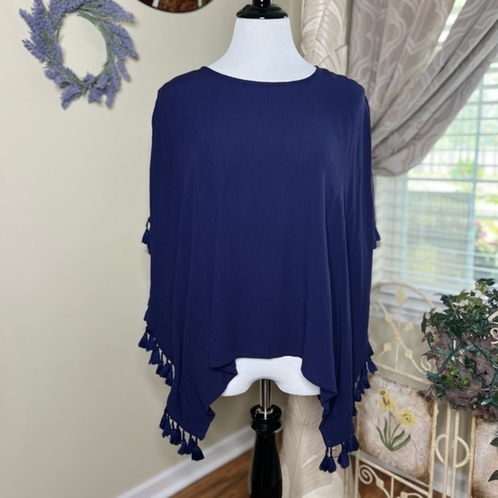 Charming Charlie navy capelet tassel top A10-5